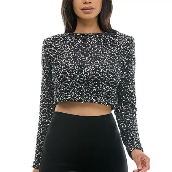 Black Sequin Long Sleeve Crop Top - Picture 2 of 2